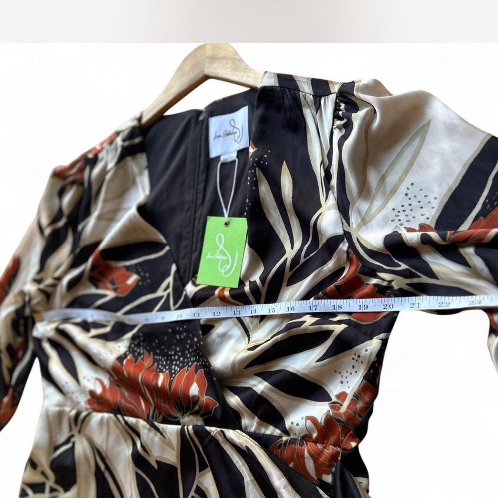 NWT Sam Edelman | Black and Tan Satin Wrap Wedding Guest Dress Floral Size 14 - Picture 5 of 6